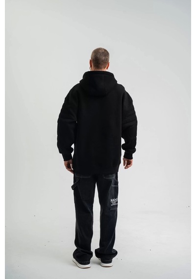 Double Oversize Kapşonlu Nakışlı Sweatshirt - Siyah Siyah
