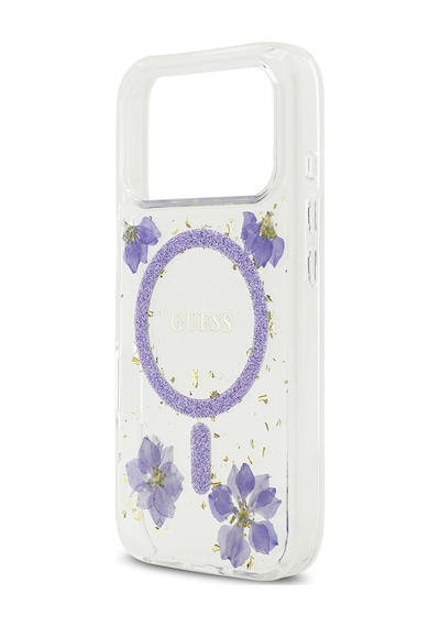 Apple Uyumlu iPhone 17 Pro Kılıf Guess Lisanslı M-safe Şarj Özellikli Transparan Resin Flowers Kapak Mor Mor