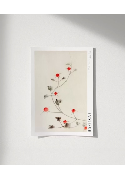 Çerçevesiz Poster Hokusai Asma Üzerinde Küçük Kırmızı Çiçekler