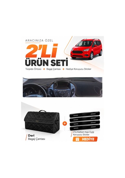 E-biz Ford Courier 2013-2020 Ekranlı Uyumlu Torpido Örtüsü + Deri Bagaj Çantası - Siyah - Fo003
