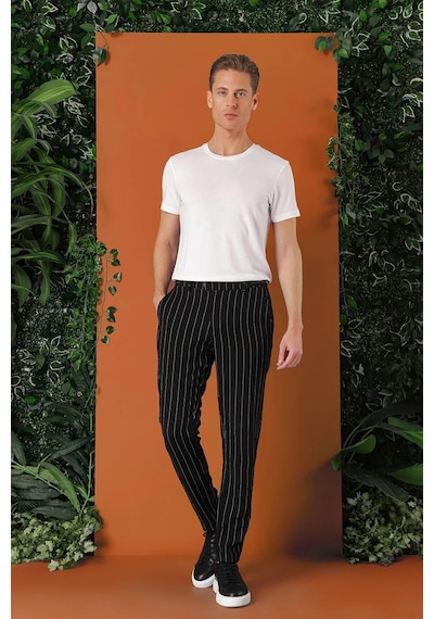 Efor Comfort Fit Yandan Tokalı Çizgili Keten Casual Siyah Pantolon P 1151 Siyah