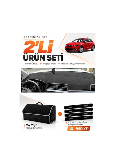 Seat Ibıza 2017-2021 Uyumlu Torpido Örtüsü + Tay Tüyü Bagaj Çantası + Sticker Seti - Siyah Gri