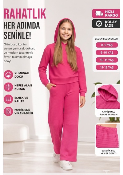 New Kids Kız Takım Çocuk Kapşonlu Uzun Kol Fuşya Detaylı Kız Takım -91231