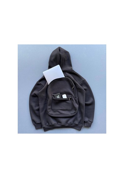 Kadın 3 İplik Şardonlu Tam Fermuarlı Kapüşonlu Arka Çanta Detaylı Sweatshirt - Siyah