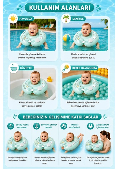 Bebek Yüzme Boyun Simidi Pompa Gerektirmeyen Yeni Nesil 0-12 Ay Bebek Simidi, Çift Emniyet Tokalı Gü