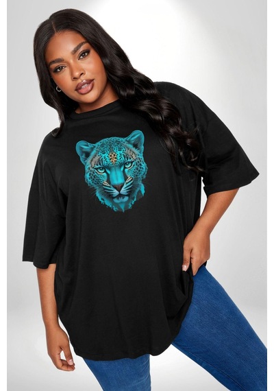 Angemiel Yeşil Leopar Kafası Siyah Büyük Beden Erkek Kadın Unisex Basic Ön Baskılı Tişört Siyah