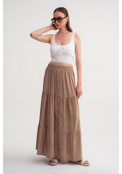 Mixray 4662 Kadın Düğme Detaylı Büzgülü Modal Etek Toprak