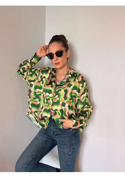 Ali Butik Retro Yeşil Desenli Saten Gömlek Yeşil