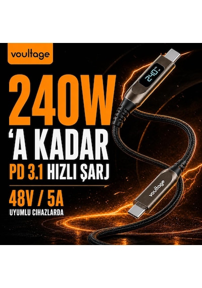 Type-c To Type-c 240w 1.2 M Dijital Watt Göstergeli Metal Uçlu Şarj Kablosu İphone 17, 16, 15, Samsung Galaxy S24, S23, Pixel, İpad, Macbook, Nintendo, Xiaomi Uyumlu, Siyah
