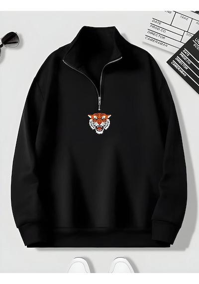 Harmandar Siyah Erkek Kaplan Baskılı Dik Yaka Yarım Fermuarlı Düz Kazak Sweatshirt Siyahkaplandikyaka Harmandar Siyah Erkek Kaplan Baskılı Dik Yaka Yarım Fermuarlı Düz Kazak Sweatshirt Siyahkaplandikyaka