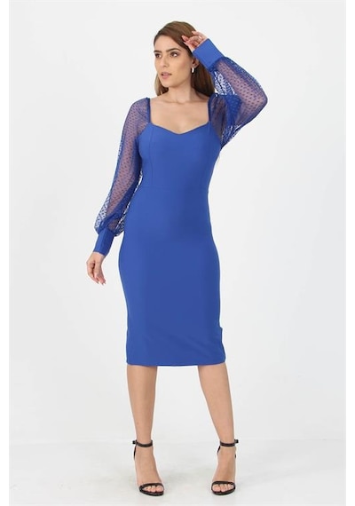 Neşeli Butik Kadın Yeni Sezon Kolları Tül Midi Boy Likralı Elbise Nb10004 Saks