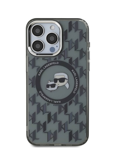 Apple iPhone 16 Pro Kılıf Karl Lagerfeld Lisanslı Magsafe Özellik Iml Baskı Metal Monogram Kc Heads Siyah