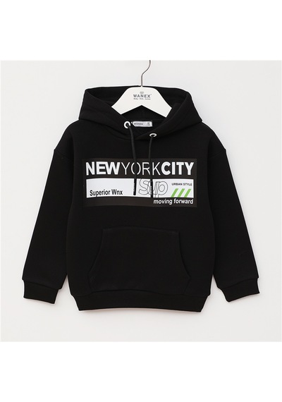 Wanex Erkek Çocuk Uzun Kol Kalın Kapüşonlu Sweatshirt - 16113 Siyah