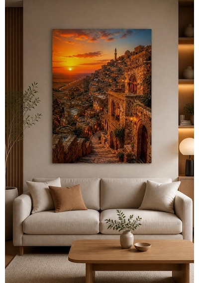 Mardin Taş Evleri Gün Batımı Baskılı Cam Tablo Dekoratif Duvar Tablosu