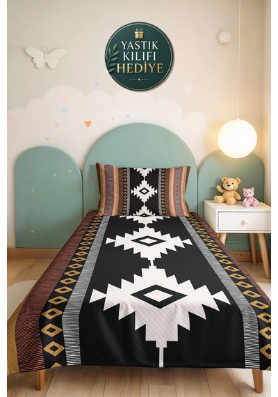 Etnik Geometrik Siyah Tek Kişilik Pike Takımı - Bohem Hardal Kiremit 160x220 Cm Yatak Örtüsü Kırık Amber Pususu