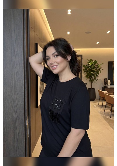 Hermevsim Wearon Kadın Melek Süzene Nakışlı Payetli Siyah Tişört