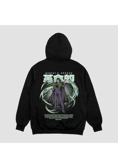 Unisex Siyah Dragon Baskılı Hoodie Oversize Kapşonlu Sweatshirt Siyah