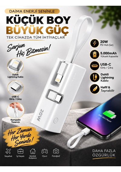 5000mah 20w Pd Hızlı Şarj Powerbank Dahili Lightning Kablolu Type-c Çıkışlı Taşınabilir BEYAZ