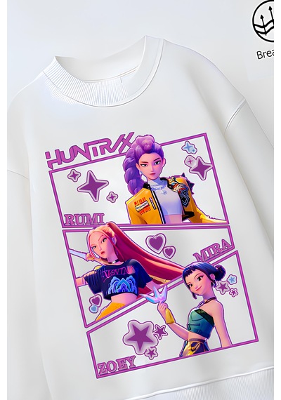 Tam Kalıp Oversize Kız Çocuk Pamuğa Pamuk 3 İplik Kumaş Pop Tasarım Sweatshirt Beyaz