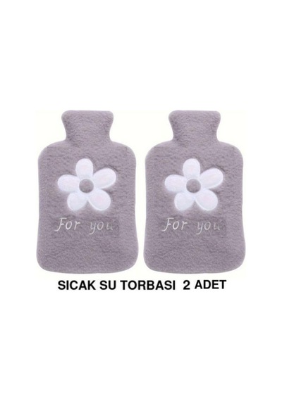 2 Adet Sıcak Su Torbası Peluş Papatya Desenli Gri 21x13,5x2cm 500 Ml Gri
