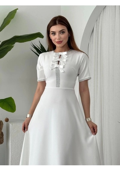 Defymoda Wera Taşlı Fiyonk Detaylı Elbise Beyaz