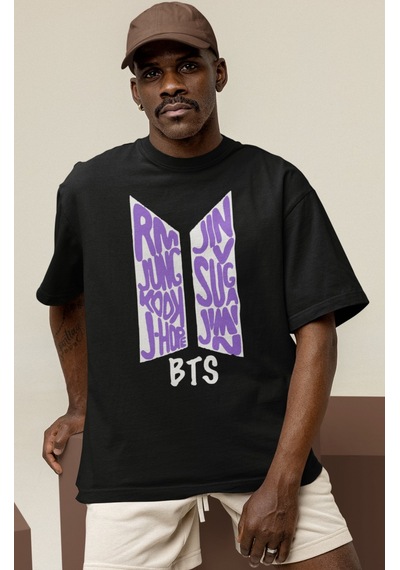 Sevbano Tasarım Bts Müzik Grubu Baskılı Unisex Oversize Tişört Siyah