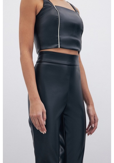Sateen Yüksek Bel Deri Pantolon - Siyah-135285 Siyah