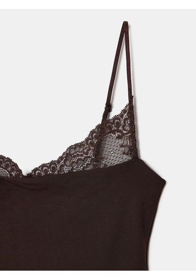 Dilvin 32730 Dantel Detaylı Askılı Bodysuit-koyu Kahve