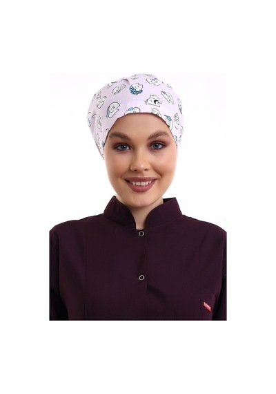 Lila Diş Tesettür Desenli Cerrahi Bone - Tesettür Doktor Hemşire-Standart-4104 Lila Diş