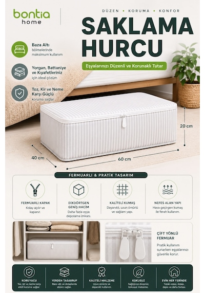 Saklama Hurcu 2'li Set 60x40x20 Cm Baza Altı Hurç Fermuarlı Yorgan Battaniye Kıyafet Düzenleyici Çok Amaçlı Saklama Kutusu 2 Adet Krem