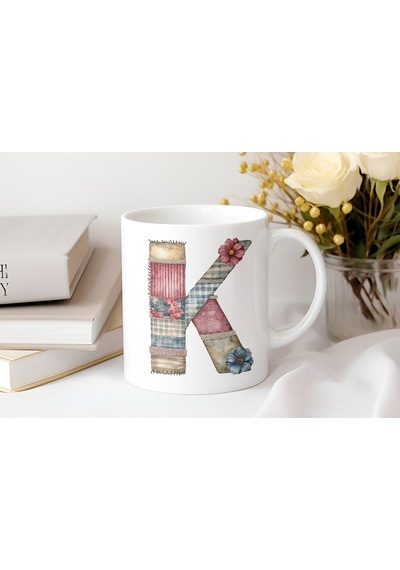 K Harfli Retro Çiçekli Kupa Bardak - Patchwork Tarz Yamalı Desenli İsme Özel Kupa - Hediye Beyaz