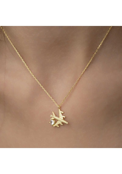 Gümüş Gold Tek Taşlı Uçak Kadın Kolye Sl2044 Gümüş