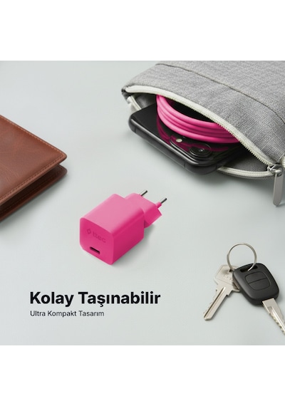 Ttec Smartcharger Gan 20W PD Seyahat Hızlı Şarj Aleti+USB-C-Lightning 120 CM Kablo Neon Pembe