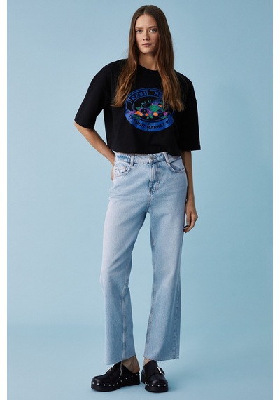 Ethıquet Ahrı Kadın Relaxed Fit Bisiklet Yaka Baskılı Siyah T-shirt