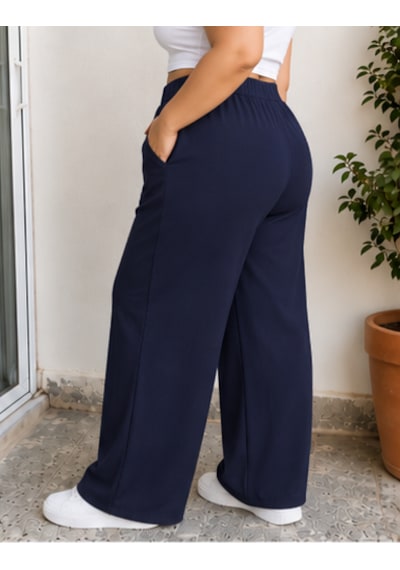 Cocosushicooo Büyük Beden Kadın Lacivert Bol Paça Pantolon Rahat Kesim Lastikli Bel Cepli