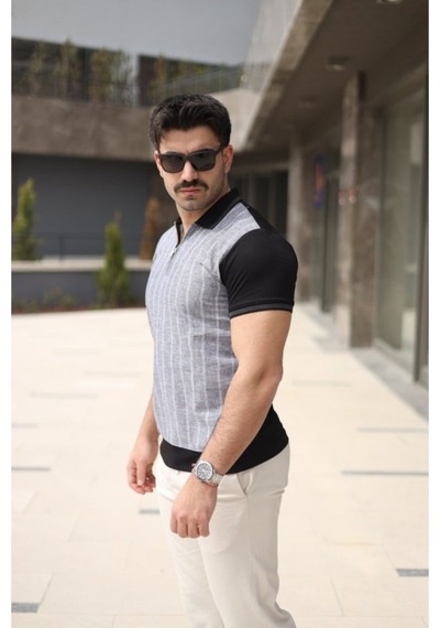 Butik İstanbul Erkek Polo Yaka Fermuar Detaylı Çizgili Tişört Siyah