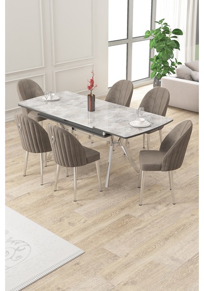 Canisa Sim Serisi 89x150 Açılabilir Lak Panel Rampla Gri Krom Ayak Masa Takımı Ve 6 Cappucino Sandalye Masa Rampla Gri Sandalye Cappucino Krom Ayak Canisa Sim Serisi 89x150 Açılabilir Lak Panel Rampla Gri Krom Ayak Masa Takımı Ve 6 Cappucino Sandalye Masa Rampla Gri Sandalye Cappucino Krom Ayak