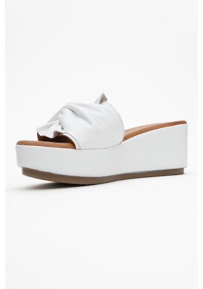 Luvishoes Luvi Shoes Jeff Beyaz Cilt Hakiki Deri Fiyonklu Kadın Dolgu Topuklu Terlik Beyaz