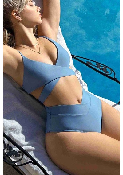 Angelsin Şık Bel Kuşak Detaylı Bikini Üstü Mavi 001