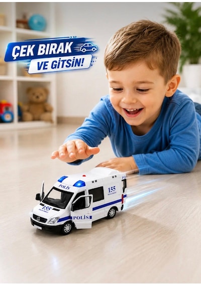 Oyuncak Metal Işıklı Sesli Çek Bırak Özellikli Ön Ve Arka Kapılar Açılır Ambulans-polis-itfaiye-askeri Jandarma Minibüsü 12 Cm Mavi
