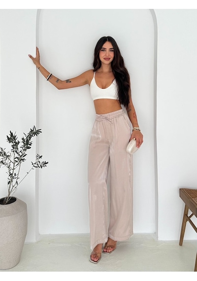 Kadın Parlak Saten Bol Paça Pantolon Rahat Kesim & Şehirli Stil Bej