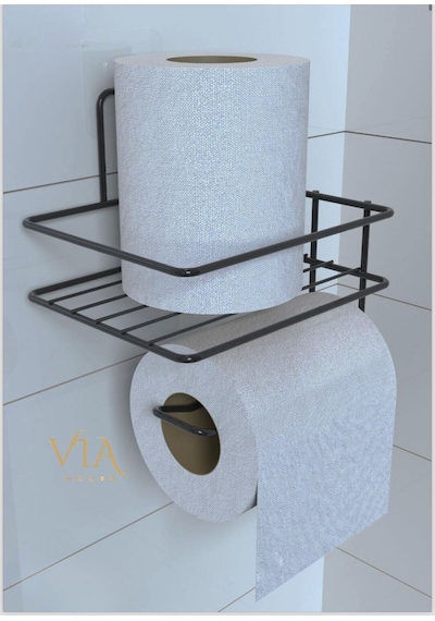 Yapışkanlı Raflı Siyah Tuvalet Kağıdı Tutacağı Askısı Metal Tuvalet Kağıtlık Wc Raf Siyah
