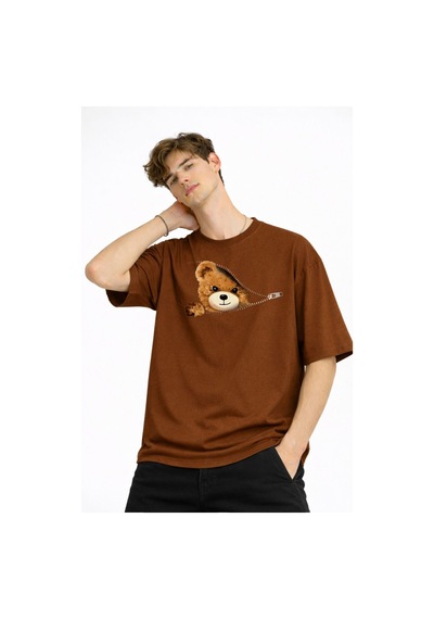 Misa Tahtakale Mn - Bear Baskılı Oversize Tişört Kahve Çok Renkli