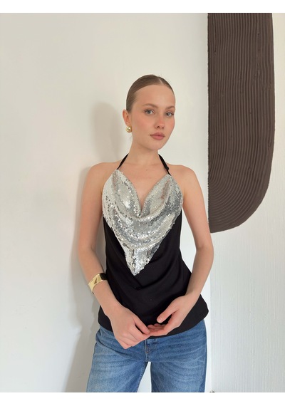 Verymoda Pullu Askılı Bluz D3079 Siyah Gümüş