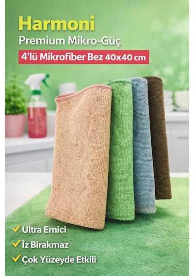Harmoni Premium Mikro-güç 4'lü Mikrofiber Bez 40x40 Yeşil-mavi-pembe-siyah