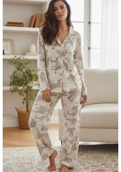 Siyah İnci Yumuşak Tuşe Kışlık Fitilli Düğmeli Pamuklu Örme Pijama Takım 7980 Ekru Kaplan