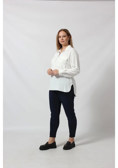 Moda Berray 3055 Yaka Fermuarlı Yandan Yırtmaçlı Gömlek Beyaz