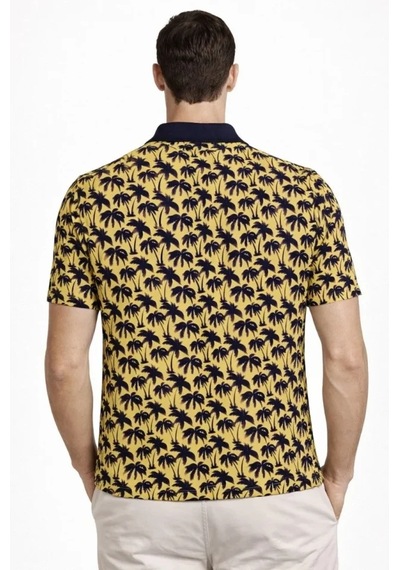 Suma Erkek Pike Kumaş Polo Yaka Palmiye Desenli Tişört Kısa Kol Yazlık T-shirt - Sarı