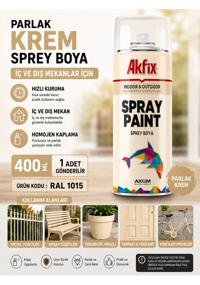 Akfix Sprey Boya Renk Seçiniz 400 Ml İç Ve Dış Cephede Kullanılabilir Mükemmel Kapatıcılık Parlak Krem