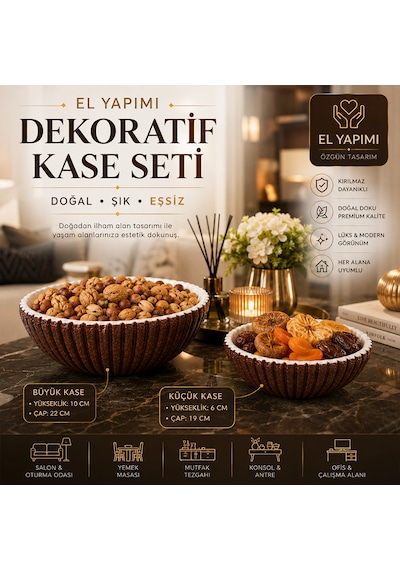 El Yapımı Dekoratif Kase Seti 2'li Kırılmaz Meyvelik Çerezlik Modern Sunum Kasesi Kahverengi Beyaz Beyaz - Kahverengi